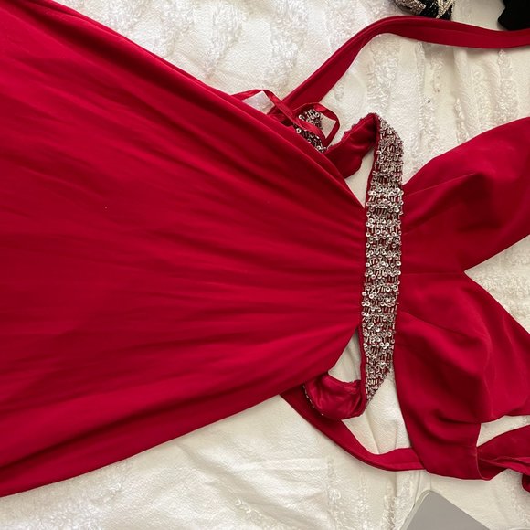 Red Prom Dress Beaded Waist - Picture 4 of 4